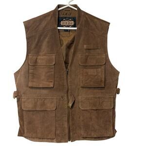 Vtg Guide Gear Brown Suede Leather Hunting Fishing Vest Utility Button Large EUC